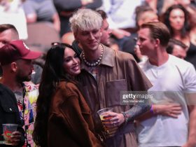 JACKSONVILLE, FL - APRIL 24: Megan Fox and boyfriend Machine Gun Kelly attend UFC 261 at VyStar Veterans Memorial Arena on April 24, 2021 in Jacksonville, Florida. (Photo by Alex Menendez/Getty Images)
